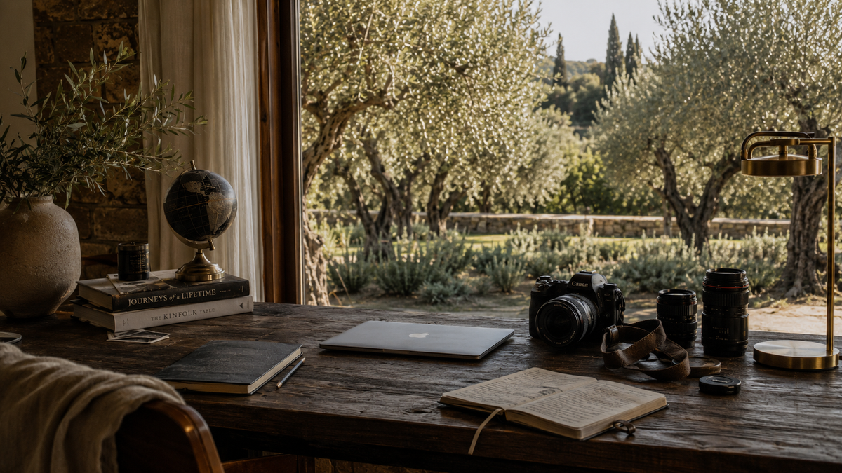 Warm Mediterranean founder workspace with laptop displaying the Global Artisan Co homepage, glass of lemon water, Canon camera, open journal, and pen on a rustic wooden table overlooking an olive grove.