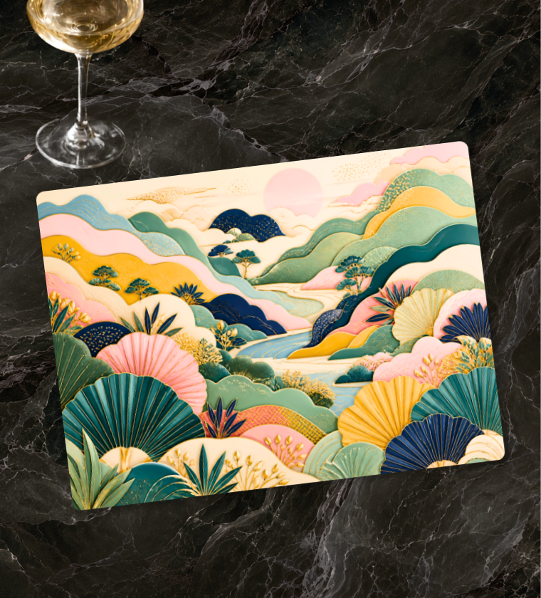 asian inspired glass cheese board by Global Artisan Co, a decorative glass serving board for cheese, appetizers, hosting, gifting, and colorful kitchen styling. Free US shipping