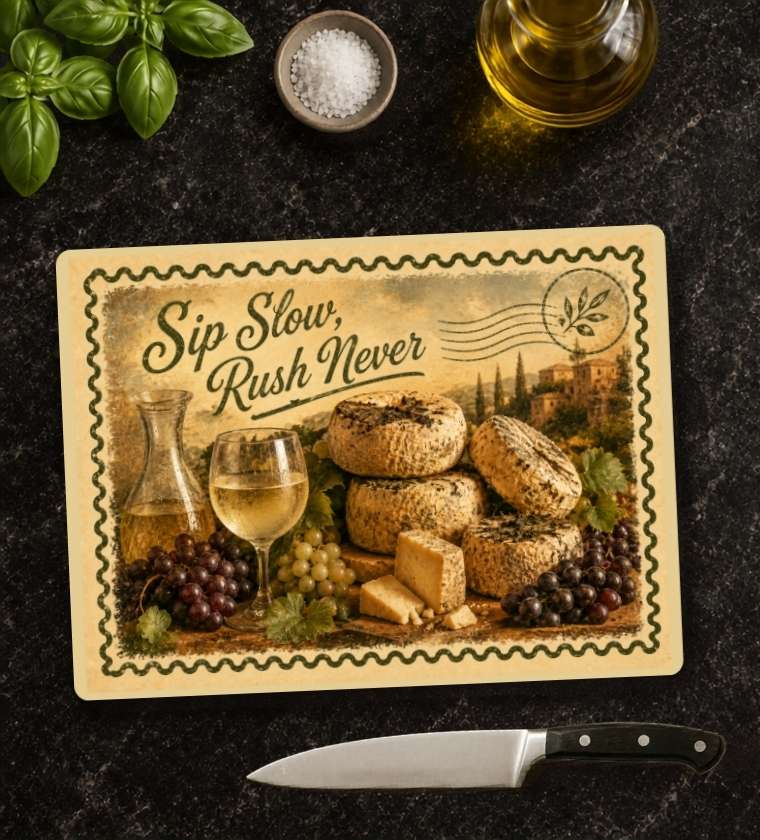 Sip Slow Rush Never Cheese Board